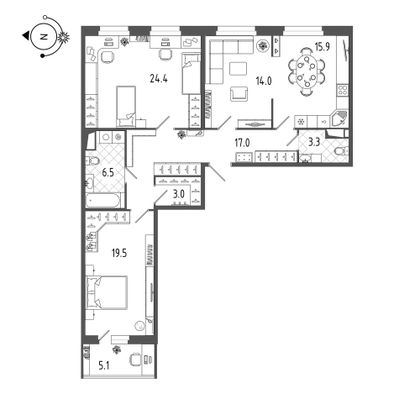 106,4 м², 3-комн. квартира, 7/19 этаж