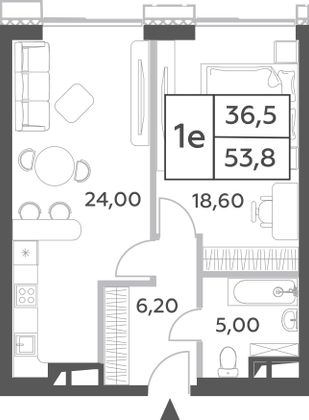 Продажа 1-комнатной квартиры 53,8 м², 21/52 этаж