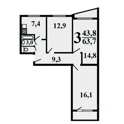 Продажа 3-комнатной квартиры 63,7 м², 11/12 этаж