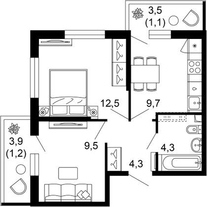 42,6 м², 2-комн. квартира, 1/12 этаж