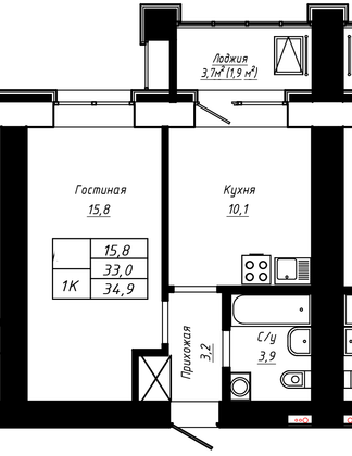 Продажа 1-комнатной квартиры 34,9 м², 12/16 этаж