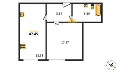 Продажа 1-комнатной квартиры 47,5 м², 1/12 этаж