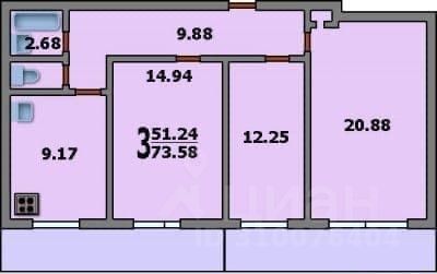 Продажа 3-комнатной квартиры 73,2 м², 7/14 этаж