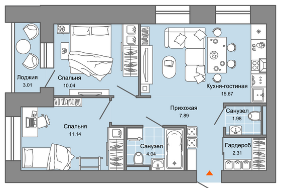 55 м², 3-комн. квартира, 2/7 этаж