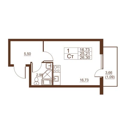 26,3 м², 1-комн. квартира, 7/11 этаж