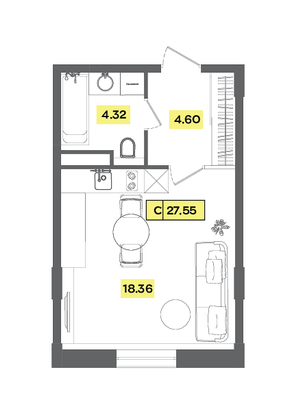 Продажа квартиры-студии 27,5 м², 2 этаж