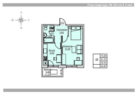 Продажа 1-комнатной квартиры 32,5 м², 9/18 этаж