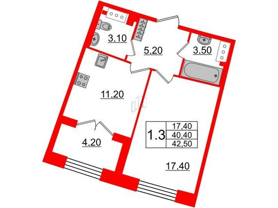 Продажа 1-комнатной квартиры 40,4 м², 6/8 этаж
