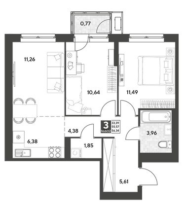 Продажа 3-комнатной квартиры 56,3 м², 5/25 этаж