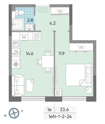 Продажа 1-комнатной квартиры 33,5 м², 7/24 этаж