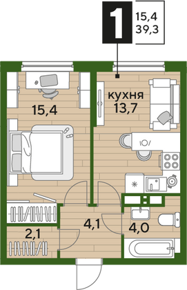 Продажа 1-комнатной квартиры 39,3 м², 11/16 этаж