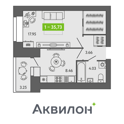 35,7 м², 1-комн. квартира, 8/9 этаж