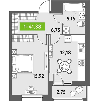 Продажа 1-комнатной квартиры 41,4 м², 2/12 этаж