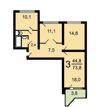 Продажа 3-комнатной квартиры 73,8 м², 3/14 этаж