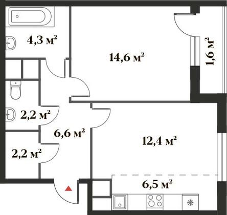 50,4 м², 2-комн. квартира, 1/6 этаж