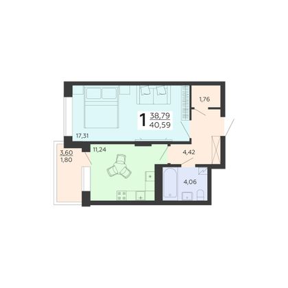Продажа 1-комнатной квартиры 40,6 м², 13/18 этаж