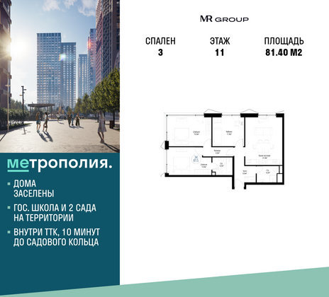 81,4 м², 3-комн. квартира, 11/29 этаж