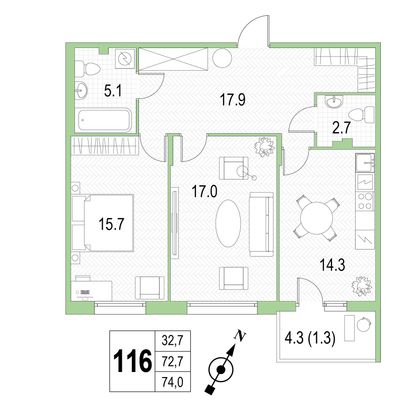 Продажа 2-комнатной квартиры 74 м², 3/4 этаж