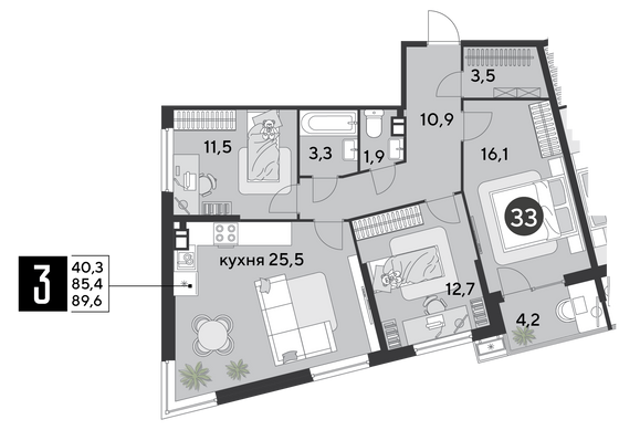 89,6 м², 3-комн. квартира, 5/18 этаж