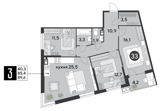 89,6 м², 3-комн. квартира, 5/18 этаж