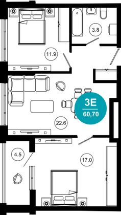 60,7 м², 3-комн. квартира, 4/10 этаж