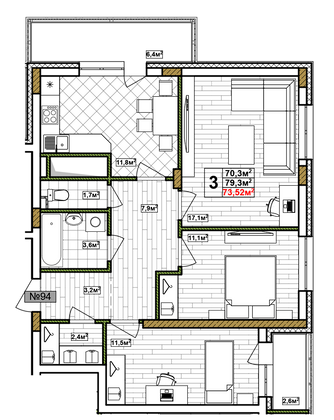 Продажа 3-комнатной квартиры 73,5 м², 17/17 этаж