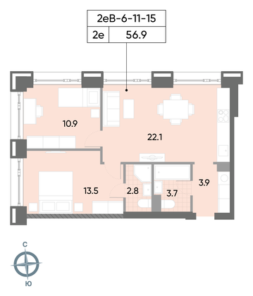 Продажа 2-комнатной квартиры 56,9 м², 14/52 этаж