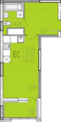 33,3 м², студия, 10/18 этаж