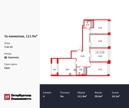 Продажа 4-комнатной квартиры 111,9 м², 3/10 этаж