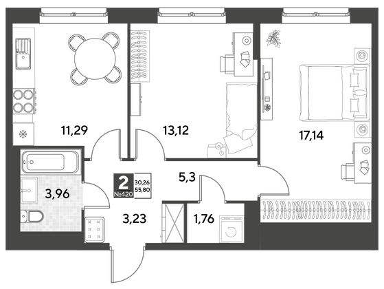 Продажа 2-комнатной квартиры 55,8 м², 6/21 этаж