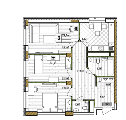 Продажа 3-комнатной квартиры 74,9 м², 1/17 этаж