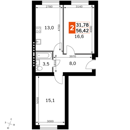 56,4 м², 2-комн. квартира, 4/4 этаж