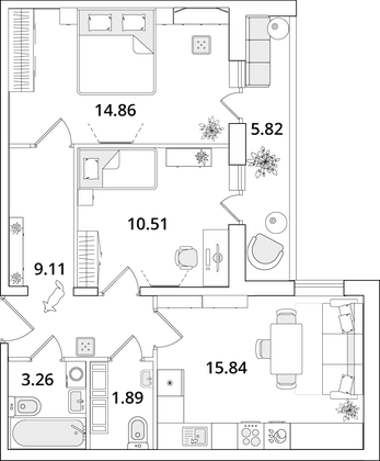 58,4 м², 2-комн. квартира, 9/16 этаж