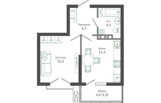 33,7 м², 1-комн. квартира, 12/12 этаж