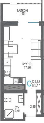 Продажа 1-комнатной квартиры 26,2 м², 9/16 этаж