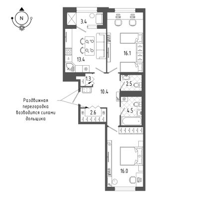 68,4 м², 2-комн. квартира, 9/18 этаж