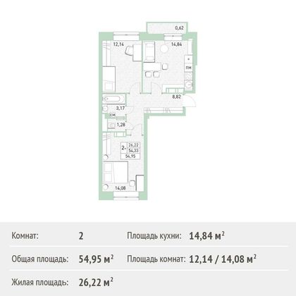 Продажа 2-комнатной квартиры 55 м², 6/17 этаж