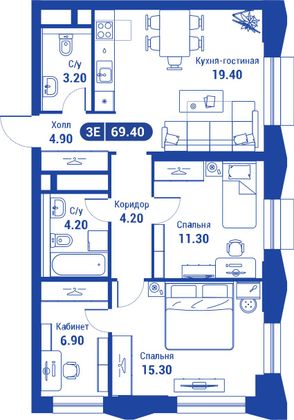 69,4 м², 3-комн. квартира, 25/26 этаж