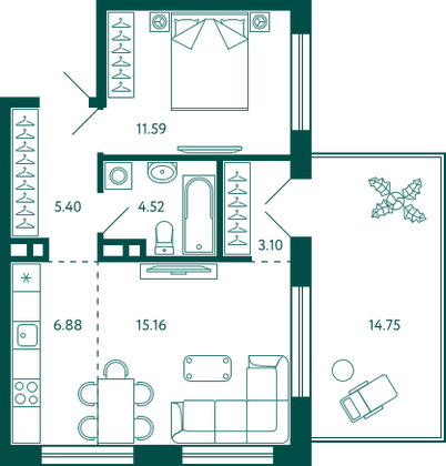 51,1 м², 1-комн. квартира, 2/10 этаж