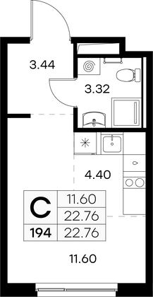 22,8 м², студия, 5/9 этаж