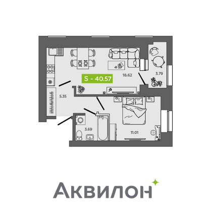 40,6 м², 1-комн. квартира, 2/9 этаж