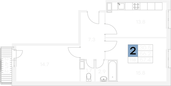 Продажа 2-комнатной квартиры 57,4 м², 4/9 этаж
