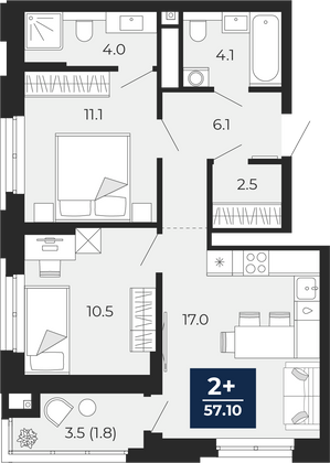 57,1 м², 2-комн. квартира, 6/17 этаж