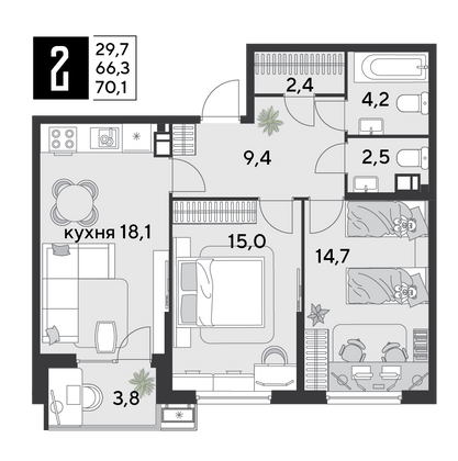 Продажа 2-комнатной квартиры 70,1 м², 9/9 этаж
