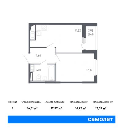 36,6 м², 1-комн. квартира, 16/17 этаж