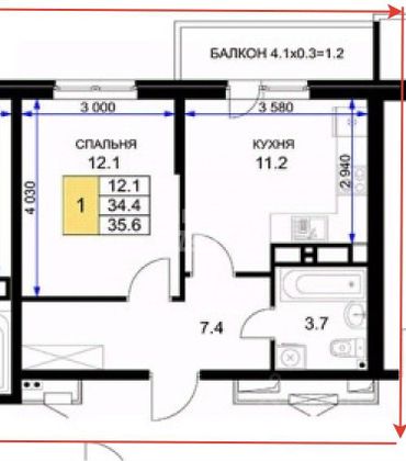 Продажа 1-комнатной квартиры 39,7 м², 15/16 этаж