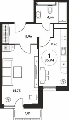 36,6 м², 1-комн. квартира, 4 этаж