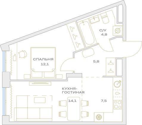 Продажа 2-комнатной квартиры 44,3 м², 12/23 этаж