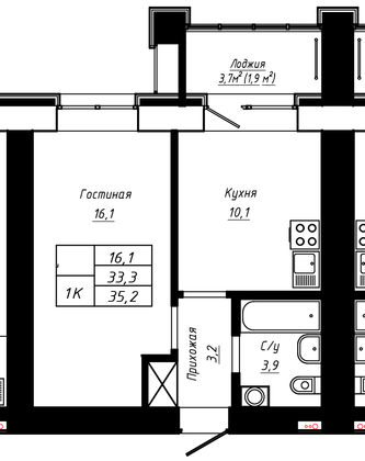 Продажа 1-комнатной квартиры 35,2 м², 5/16 этаж