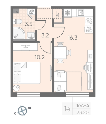 Продажа 1-комнатной квартиры 33,2 м², 2/25 этаж